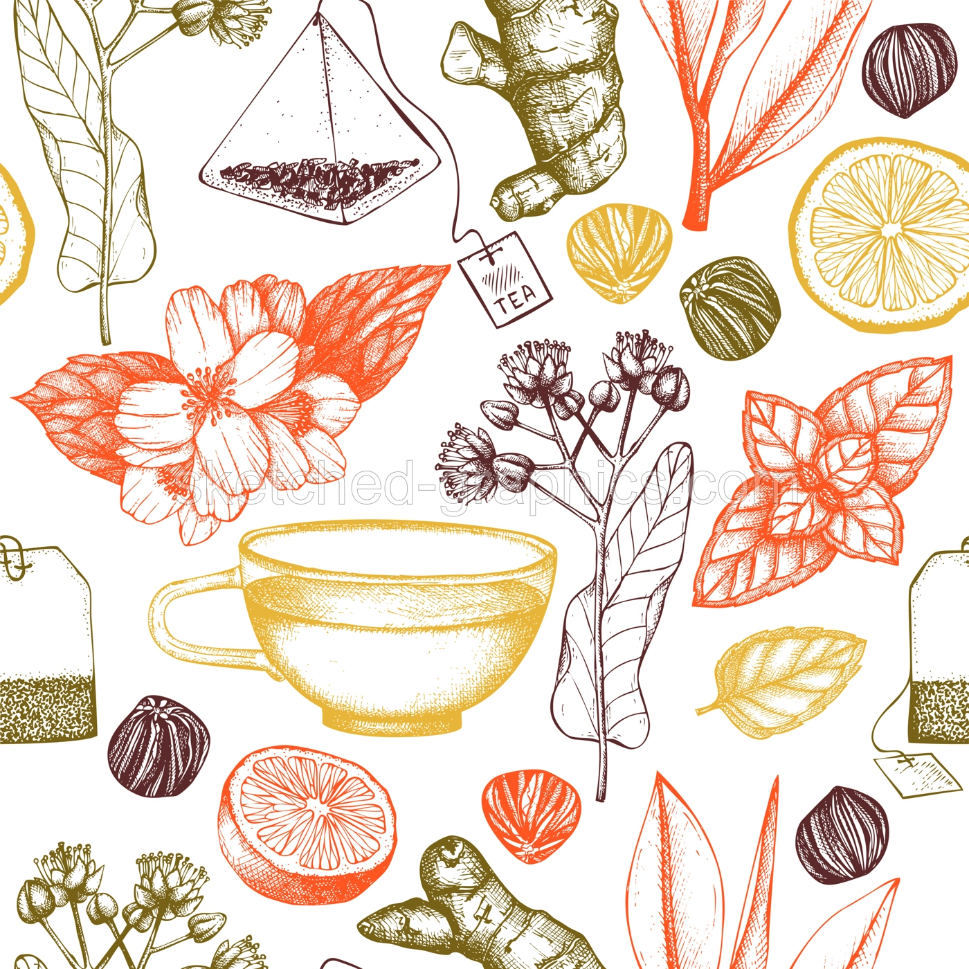 Tea seamless pattern. Herbal tea ingredient background. Herb, spice, fruit, berry sketches. Hand-drawn vector illustration. NOT AI generated Illustration